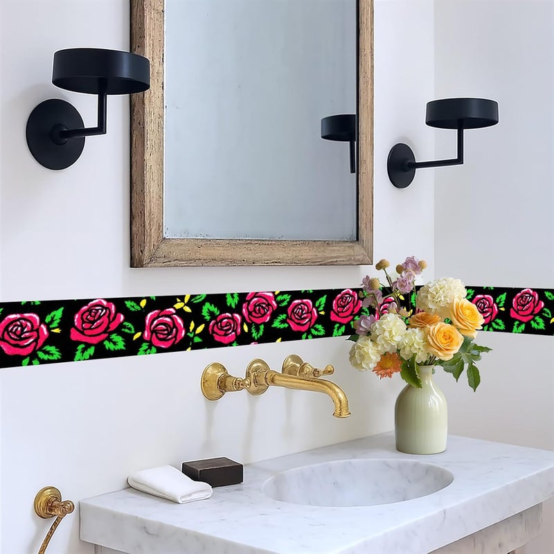 IOHEFY Red Rose Wallpaper Border 196x4 Inch Removable Wall Border Peel and Stick Floral Design with Green Leaves for Bedroom Bathroom Kitchen Living Room Wall Trim Decor Romantic Vintage Style - Image 5
